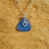 Little blue beach glass pendant with silver heart