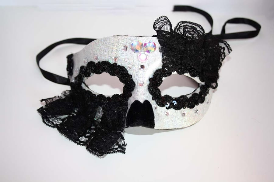 Silver Black Lace Heart Sequin Masquerade Mask