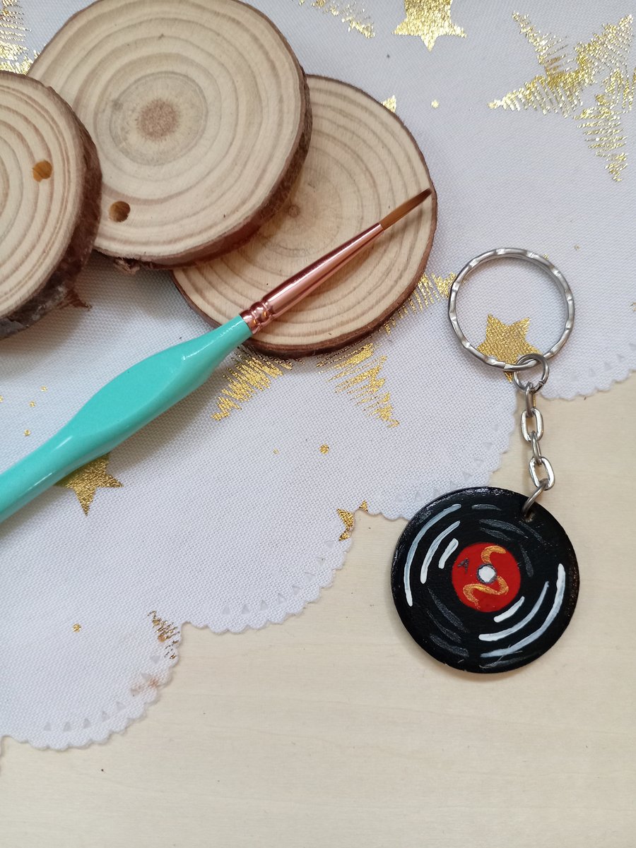 Wooden circular vinyl record keyring