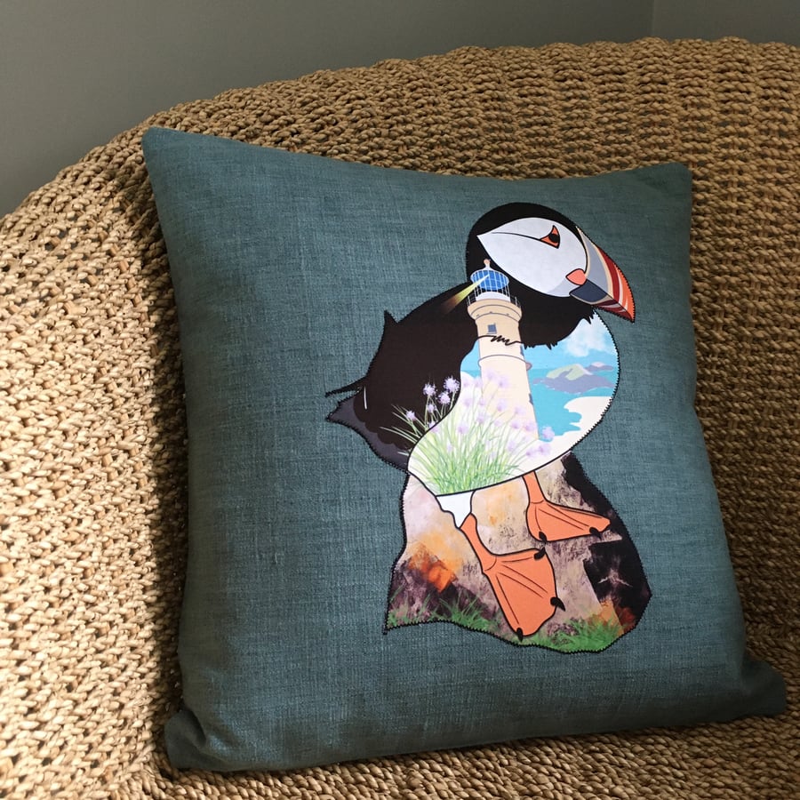 Handprinted & appliquéd cushion Lundy Puffin