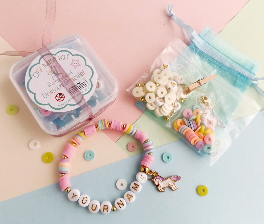 Personalised Unicorn Bracelet Mini Kit in a choice of six pastel colours 