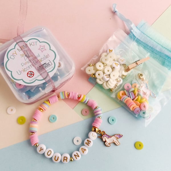 Personalised Unicorn Bracelet Mini Kit in a choice of six pastel colours 