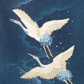 Noren Japanese Cotton Quilting Panel - 2 Flying Cranes - 50cm x 110cm