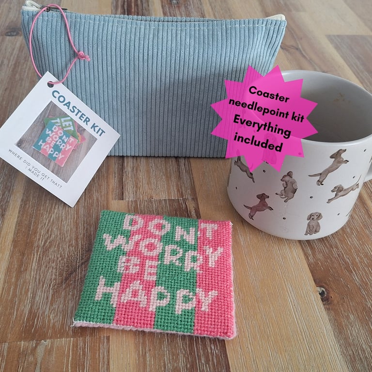 Don't Worry Be Happy Needlepoint Coaster Kit – Beginner Craft Kit