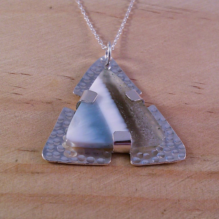 Sterling Silver Hammered Blue Opal Triangle Necklace (SKU060525)