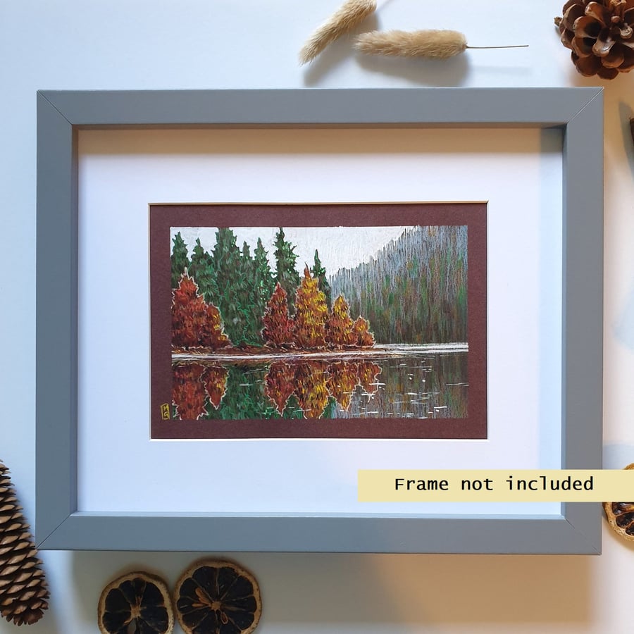 Autumn Forest Reflections, original landscape drawing, wall art