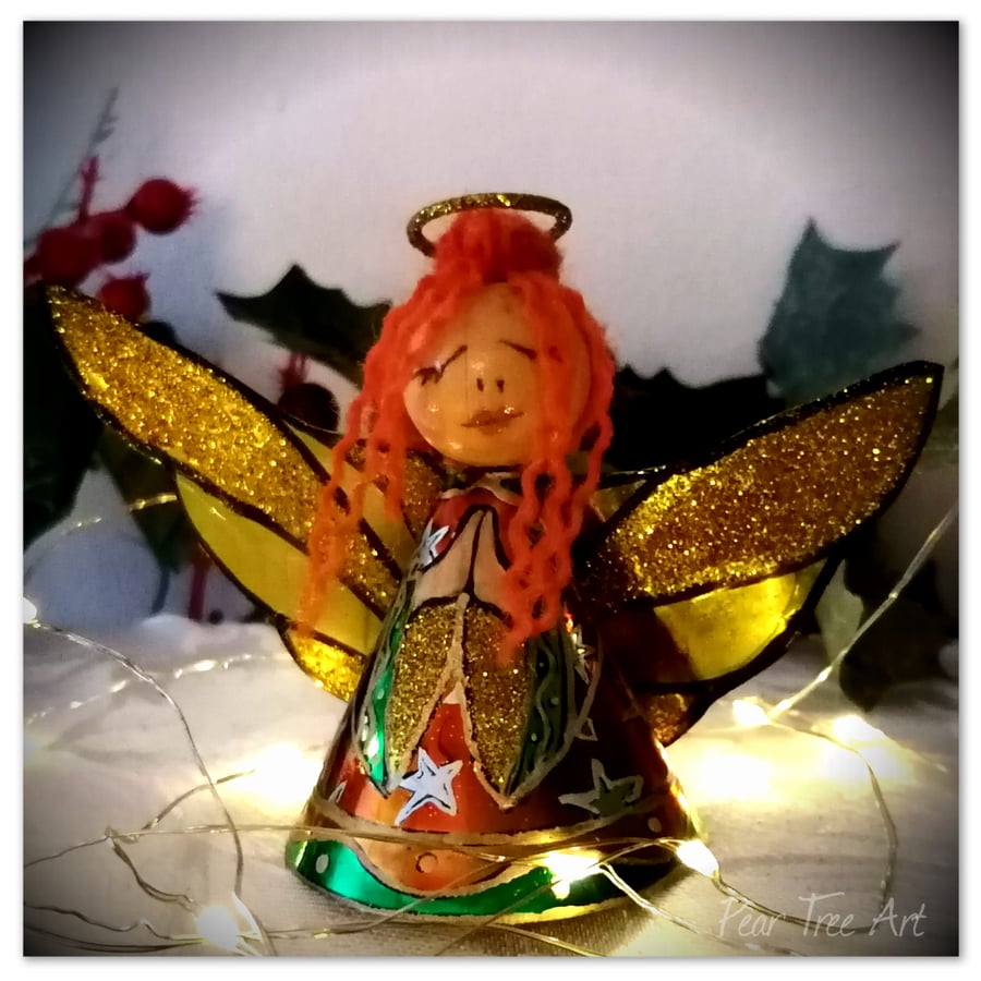 Small: Tin Angel Christmas Tree decoration (Orange and green ) 