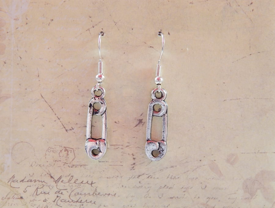 SALE Safety Pin Charm Dangle Hook Silver Earrings