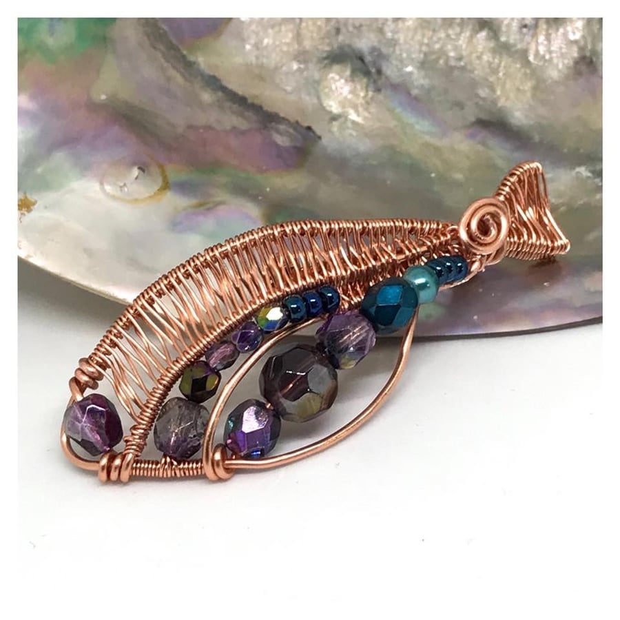 Copper Fish Brooch, Crystal Beads