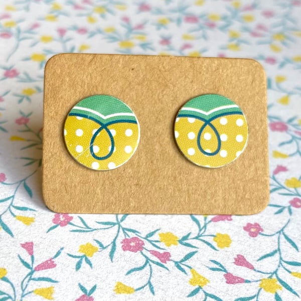 Recycled tin sage green and ochre polka dot circle studs
