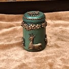 Upcycled handcrafted glass jar. Embellished with forest animals. Green & gold. 
