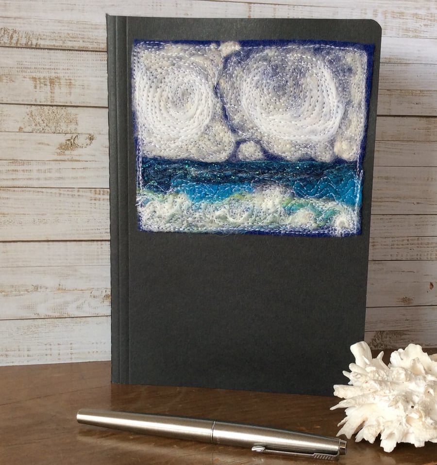 Seascape embroidered A5 lined notebook. 