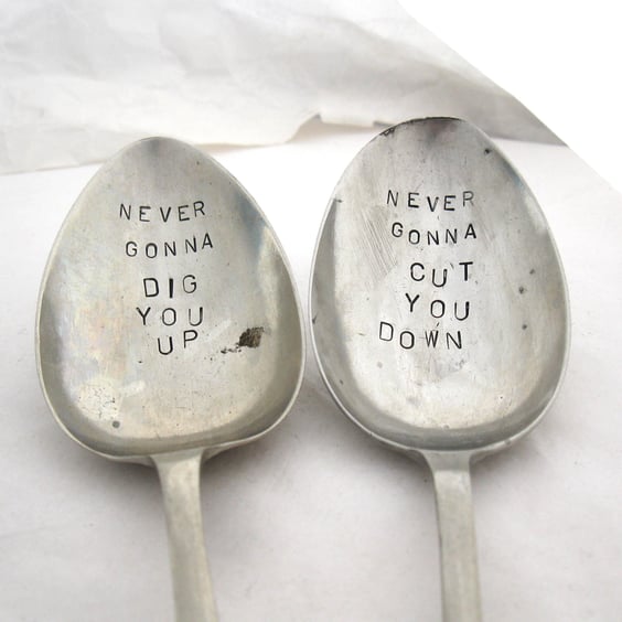 Pair of garden labels, humorous plant pot markers, handstamped vintage spoons