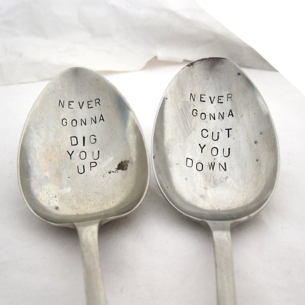 Pair of garden labels, humorous plant pot markers, handstamped vintage spoons