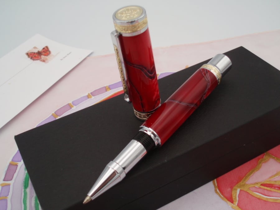 Magestic ceramic tip Roller Ball pen with brilliant red acrylic barrel