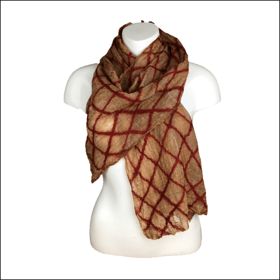 Beige nuno felted silk chiffon scarf with red trellis decoration