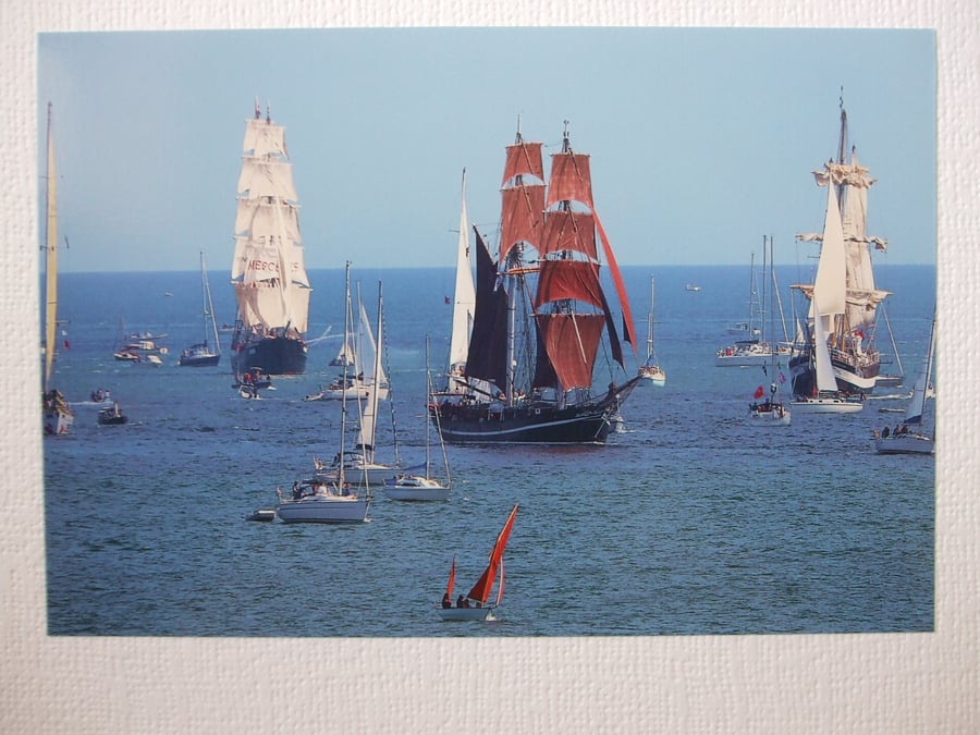 Photographic greetings card of Five Tall Ships in the Parade of Sail, 31-08-14.