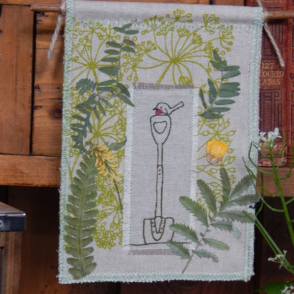 Robin and spade with pressed flowers, buttercup - Screen Printed Hanger 