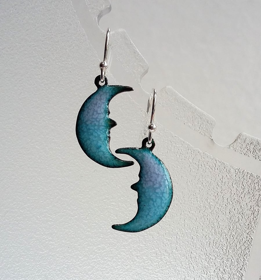 Enamelled copper crescent moon earrings in blue and pink 153