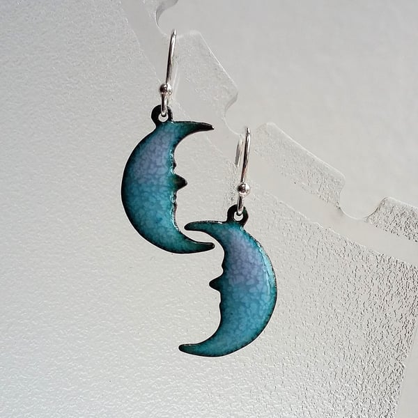 Enamelled copper crescent moon earrings in blue and pink 153