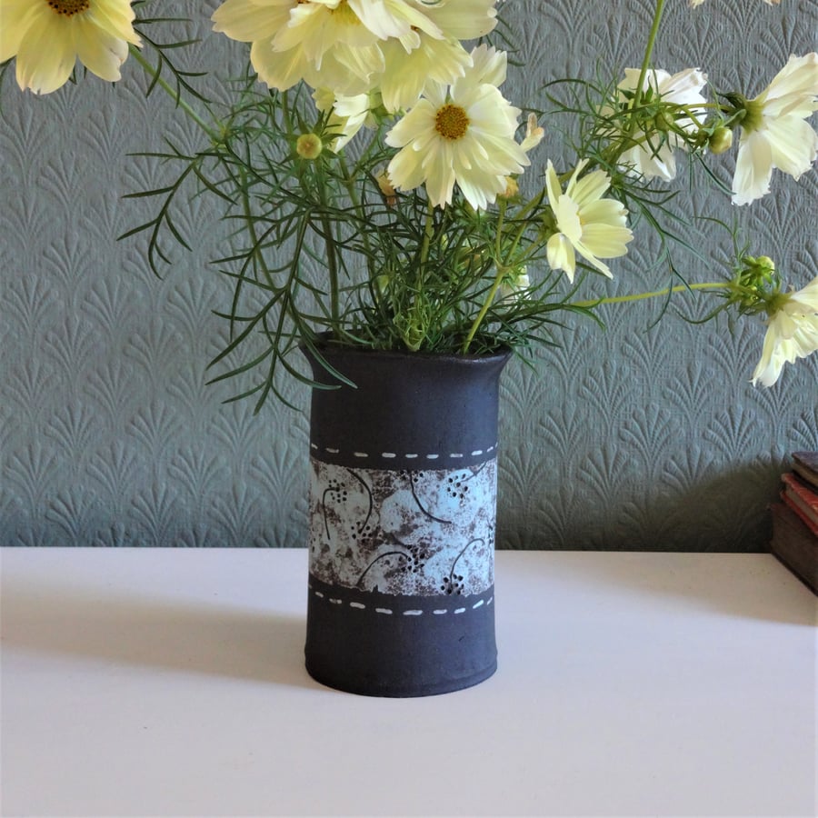 Handmade flower vase, bud vase, black ceramic, seed motif, pale blue band