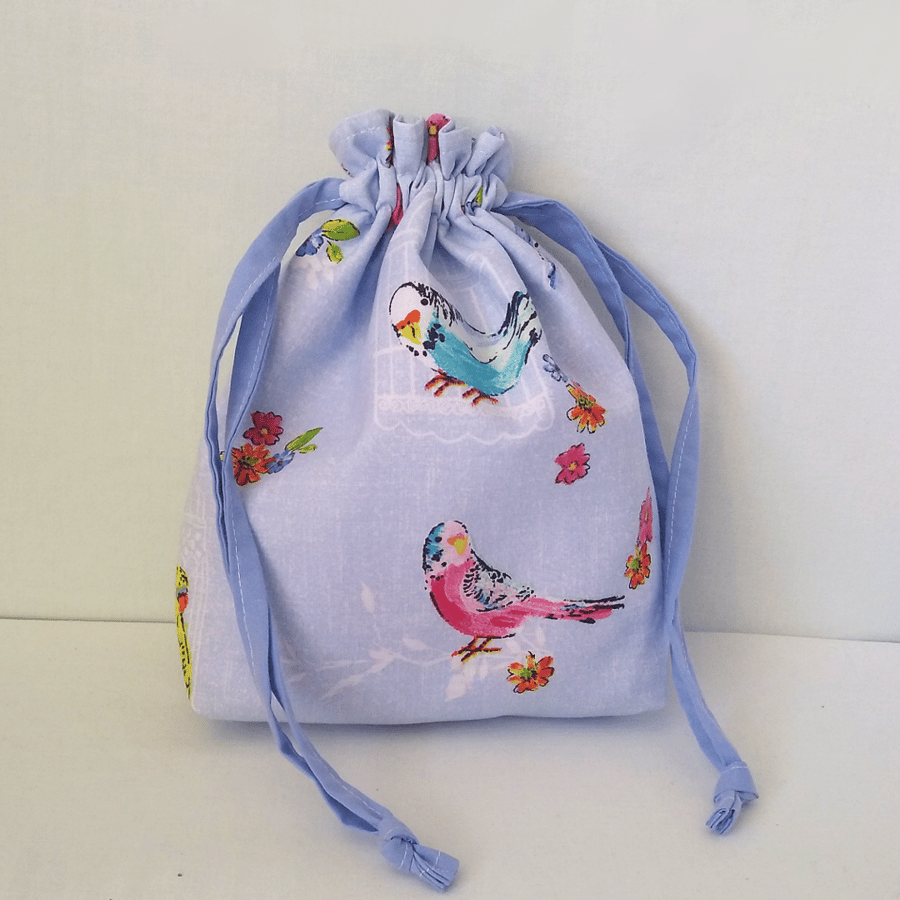 Drawstring bag with colourful budgies & flowers, vintage style, POSTAGE INCLUDED