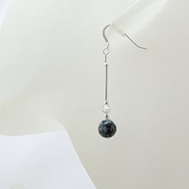 Black Obsidian Earrings With Sterling Silver Tubes & Austrian Crystals For Mum