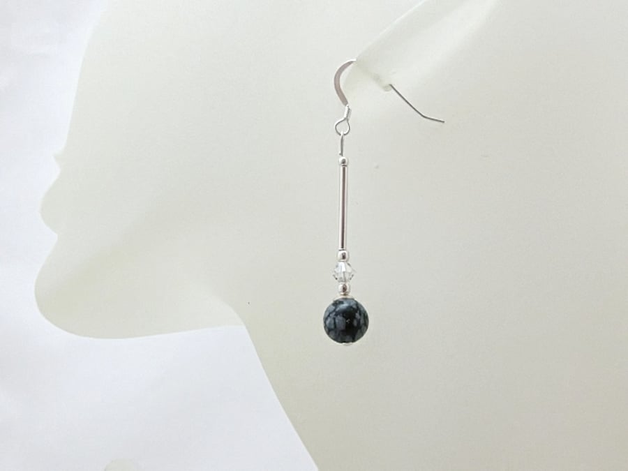 Black Snowflake Obsidian Earrings With Sterling Silver Tubes & Premium Crystals