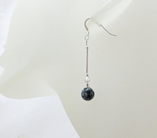 Black Obsidian Earrings With Sterling Silver Tubes & Austrian Crystals For Mum