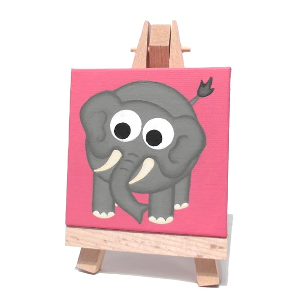 Elephant Art - a cute original animal painting on a miniature canvas with easel 