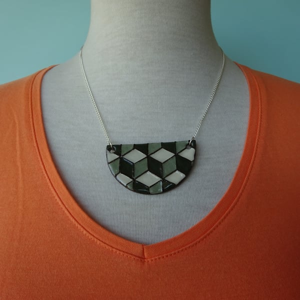 Bib necklace with geometric pattern grey green ceramic, Statement necklace