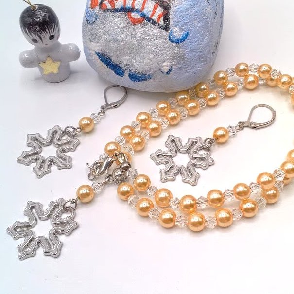 Enamel Snowflake on A Champagne Pearl and Crystal Necklace and Earrings Set