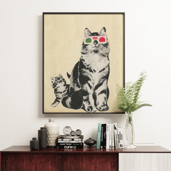 Retro Cat Art Print - 3D Glasses