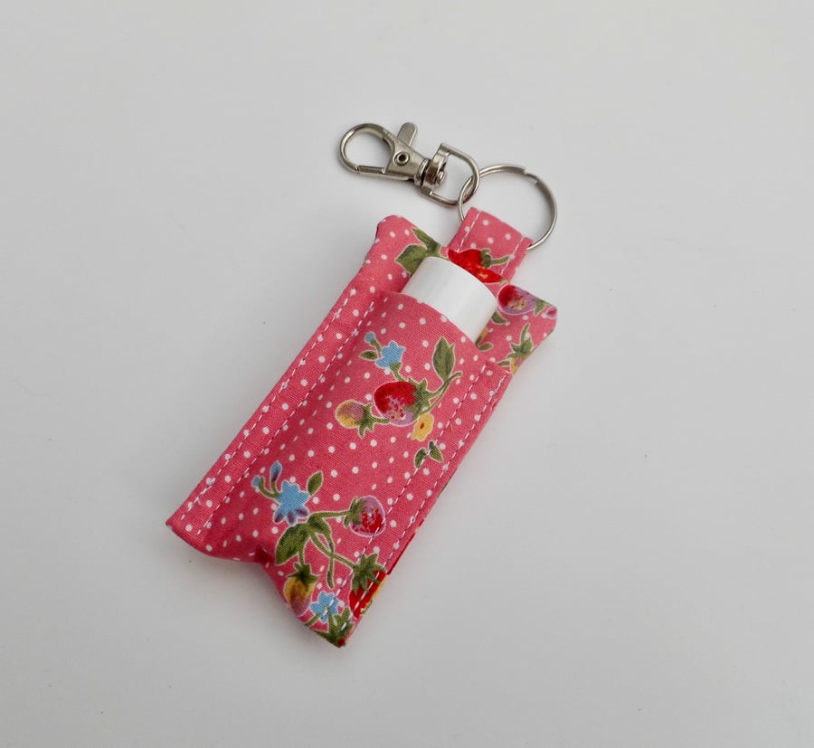 SOLD Key ring lip balm holder in summer fruits fabric keyring 