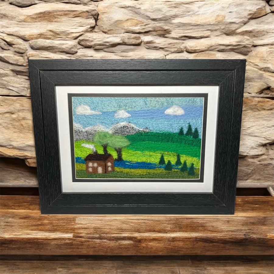 Textile picture, needle felted, , Country cottage, 5" x 7" framed or mounted