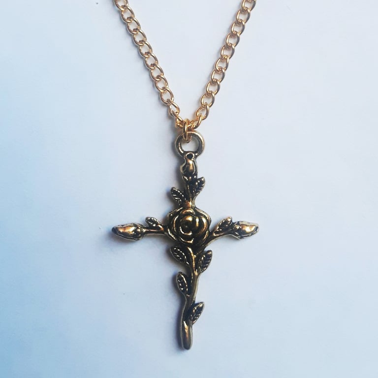 Gold Plate Rose Cross Necklace