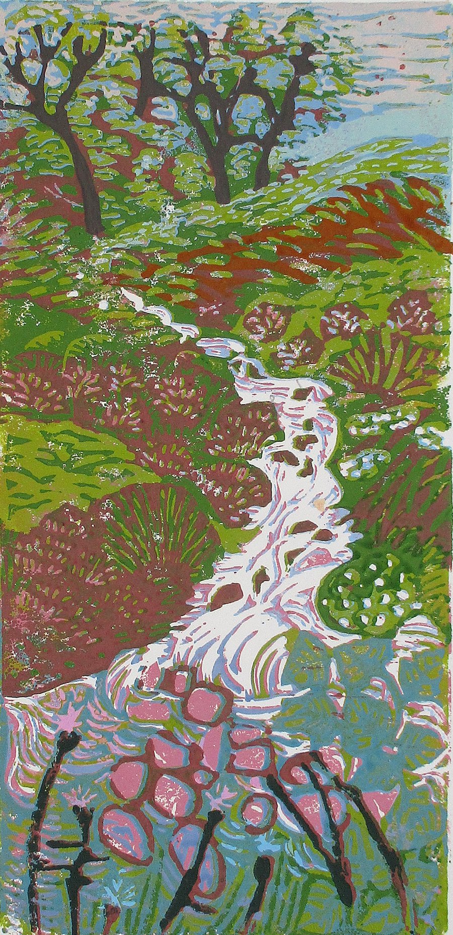 Waterfall, Leitir Fura, Skye - Original Hand Pressed Linocut Print Ltd Edit