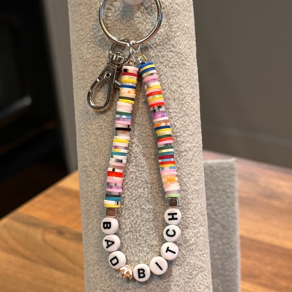 Unique Handmade keychain with heishi beads - wordy bad bitch