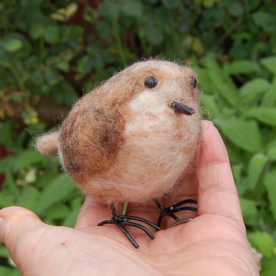 Needle Felt Wren - wool textile art 
