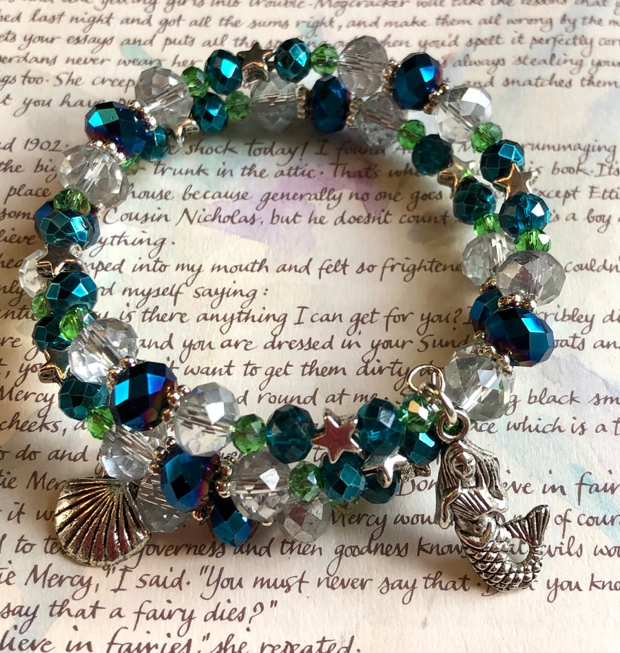 Mermaid Blue and Green Beaded Wrap Bracelet