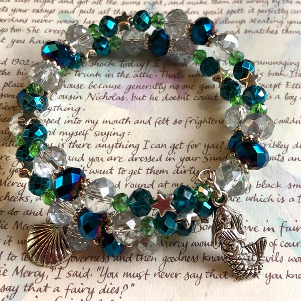Mermaid Blue and Green Beaded Wrap Bracelet