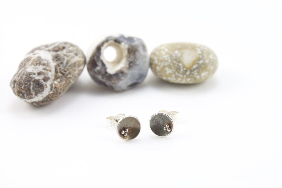 Silver Oxidised Domed Disc Stud Earrings with Granulation