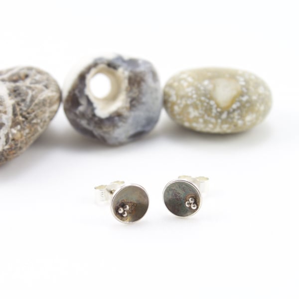 Silver Oxidised Domed Disc Stud Earrings with Granulation