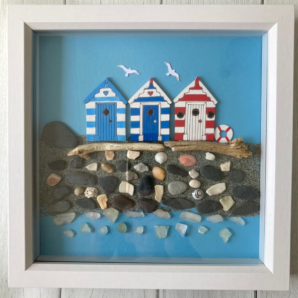 Framed Beach Hut picture with beach finds found on Cornish beaches 