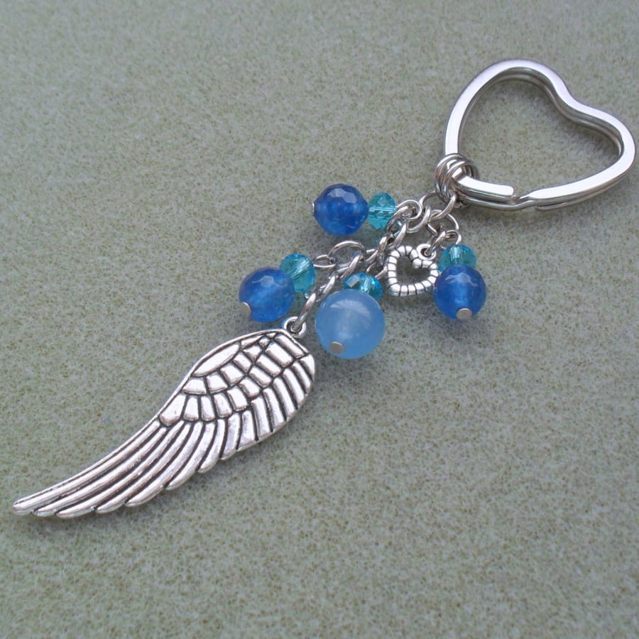 Angel Wing Keyring With Blue Quartz and Crystals