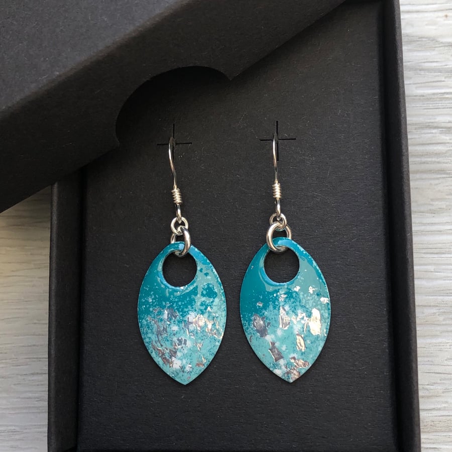 Turquoise and silver leaf enamel scale earrings. Sterling silver. 