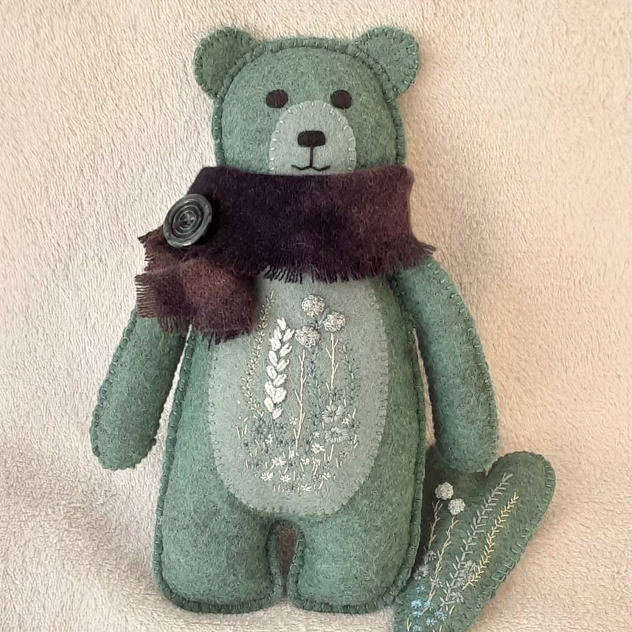 Hand sewn felt teddy bear & heart, hand embellished unique gift UK