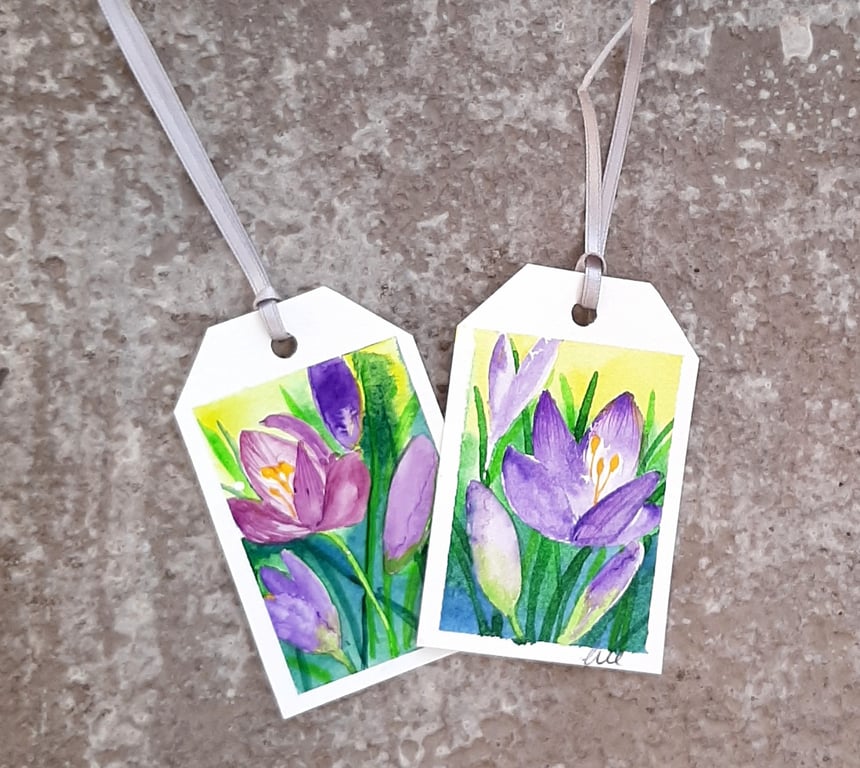 Gift Tags. Pack Of Two Luggage Style. Purple Crocus. Spring Flowers