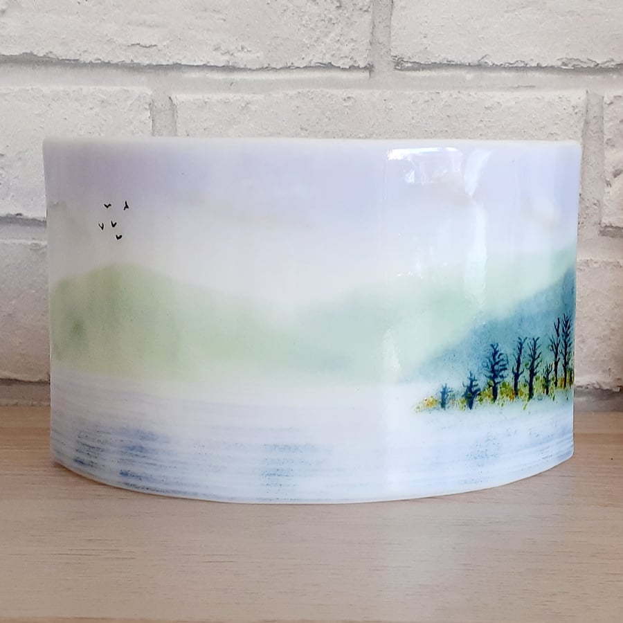 Fused glass curve freestanding panel, misty mountains