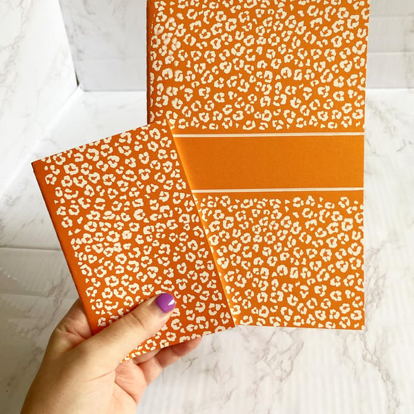 Orange Twin Pack Notebooks, Handprinted Animal Print Design